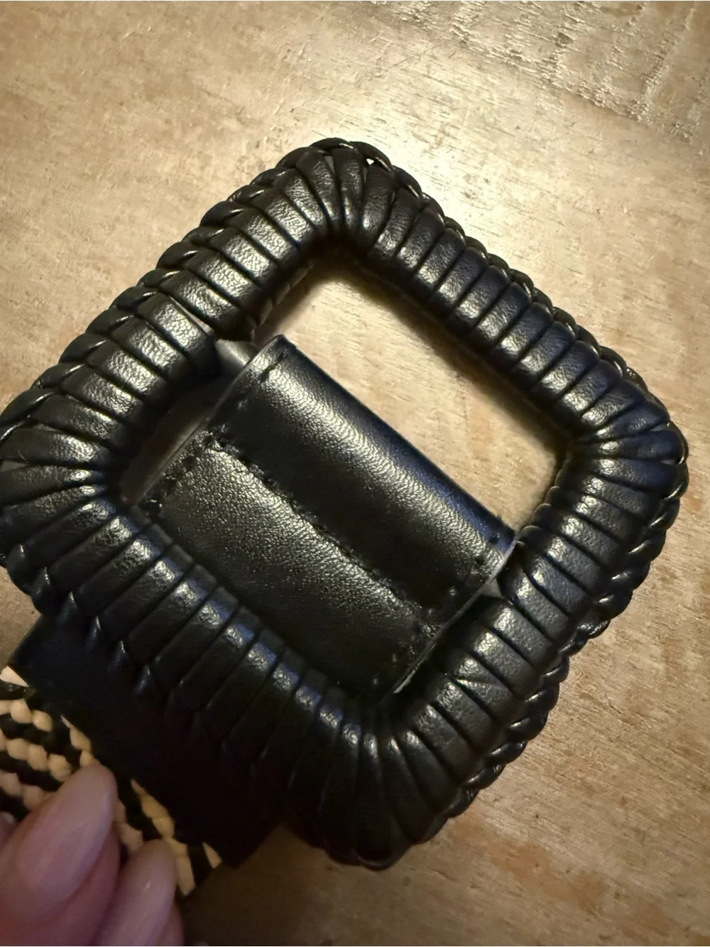 New Look Raffia Black and Cream Woven Geometric Belt with Square Buckle